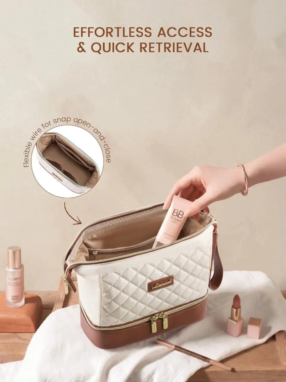 Portable Double Layer Travel Makeup Bag - Stylish Cosmetic Organizer for Women
